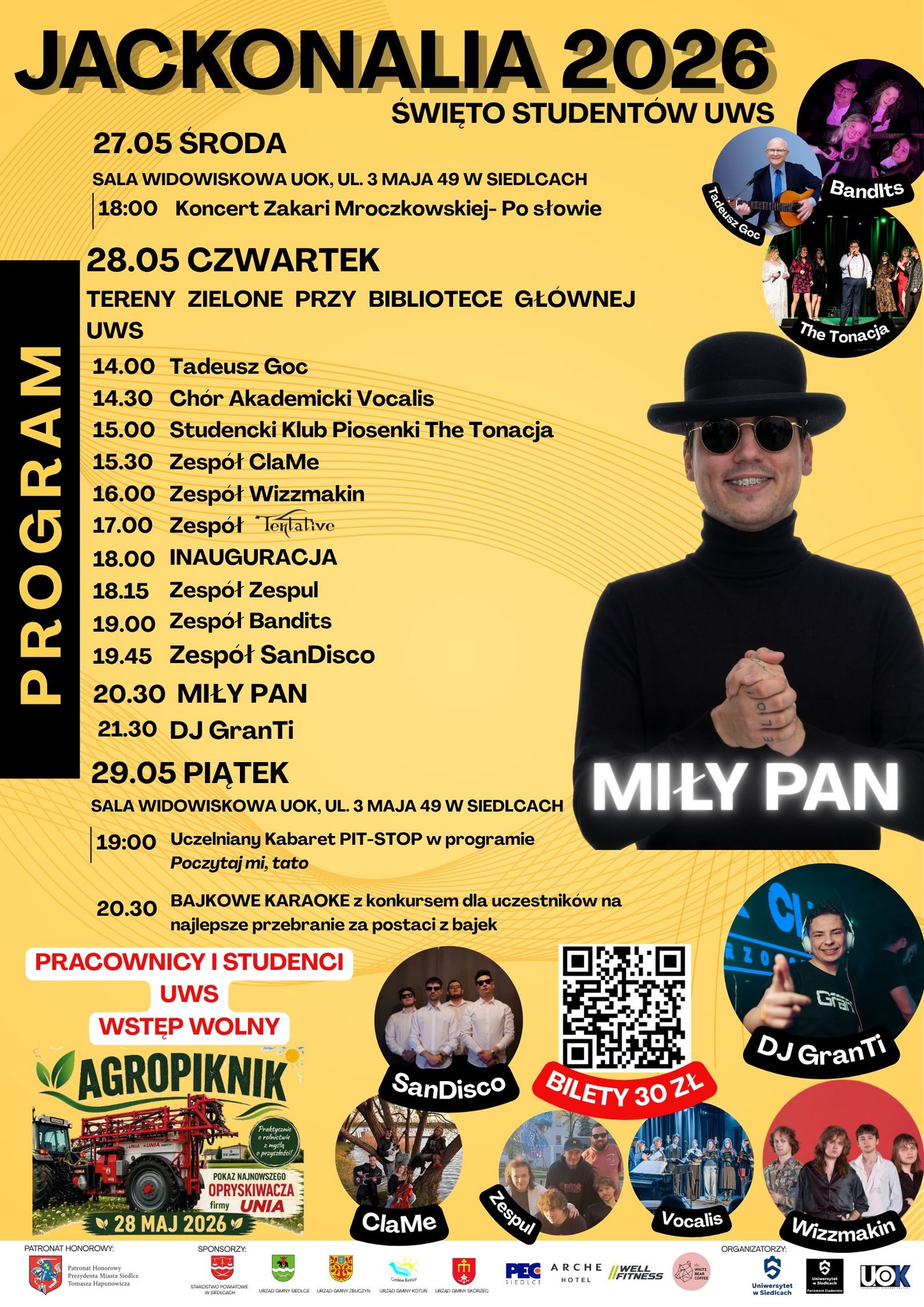 Plakat promujący wydarzenie Jackonalia 2026 – Święto Studentów UWS, odbywające się w dniach 27–29 maja 2026 roku w Siedlcach. Treść z plakatu poniżej w artykule.
