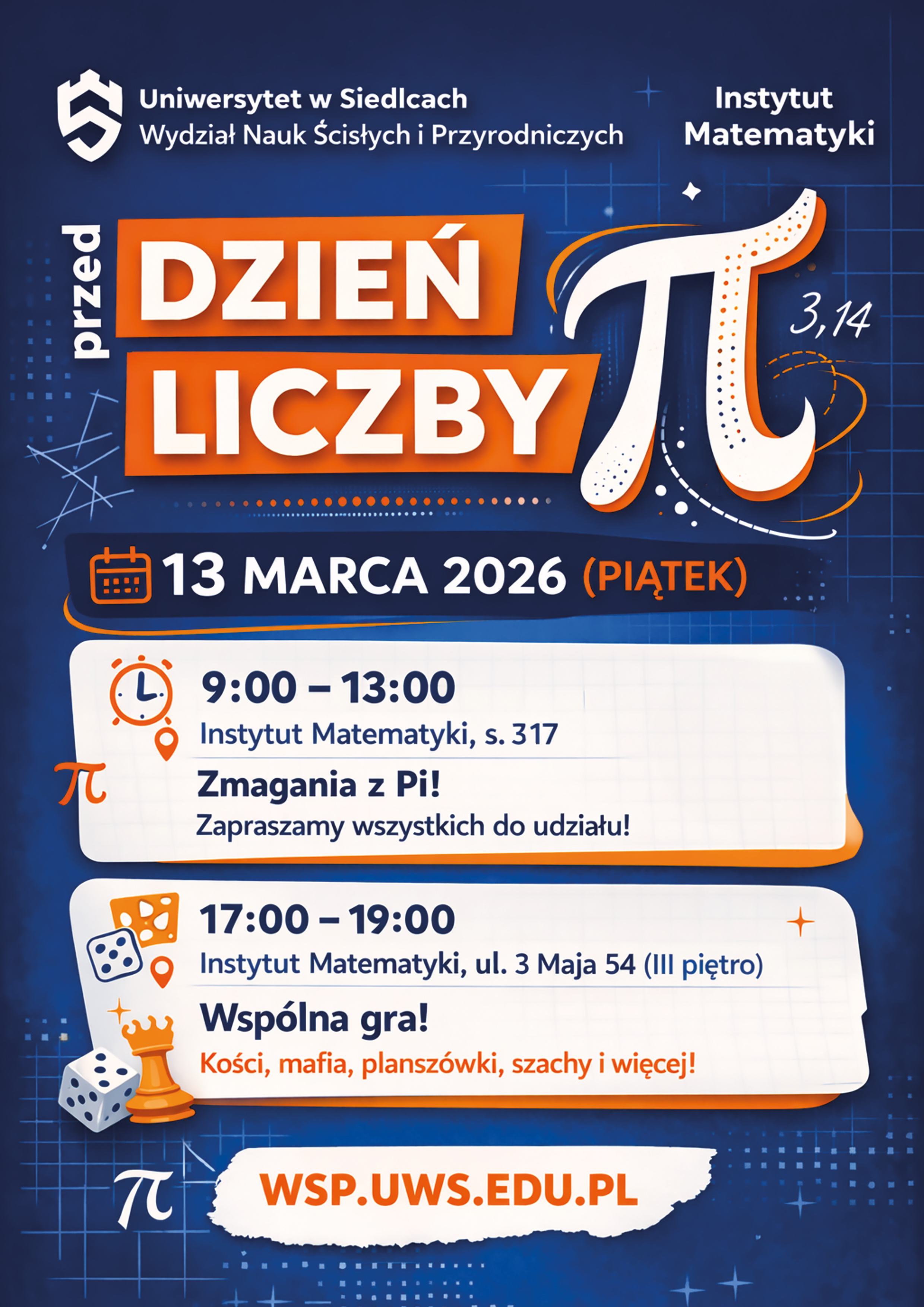 Plakat wydarzenia PrzedDzień liczby pi. Treść z plakatu znajduje się pod zdjęciem w artykule.