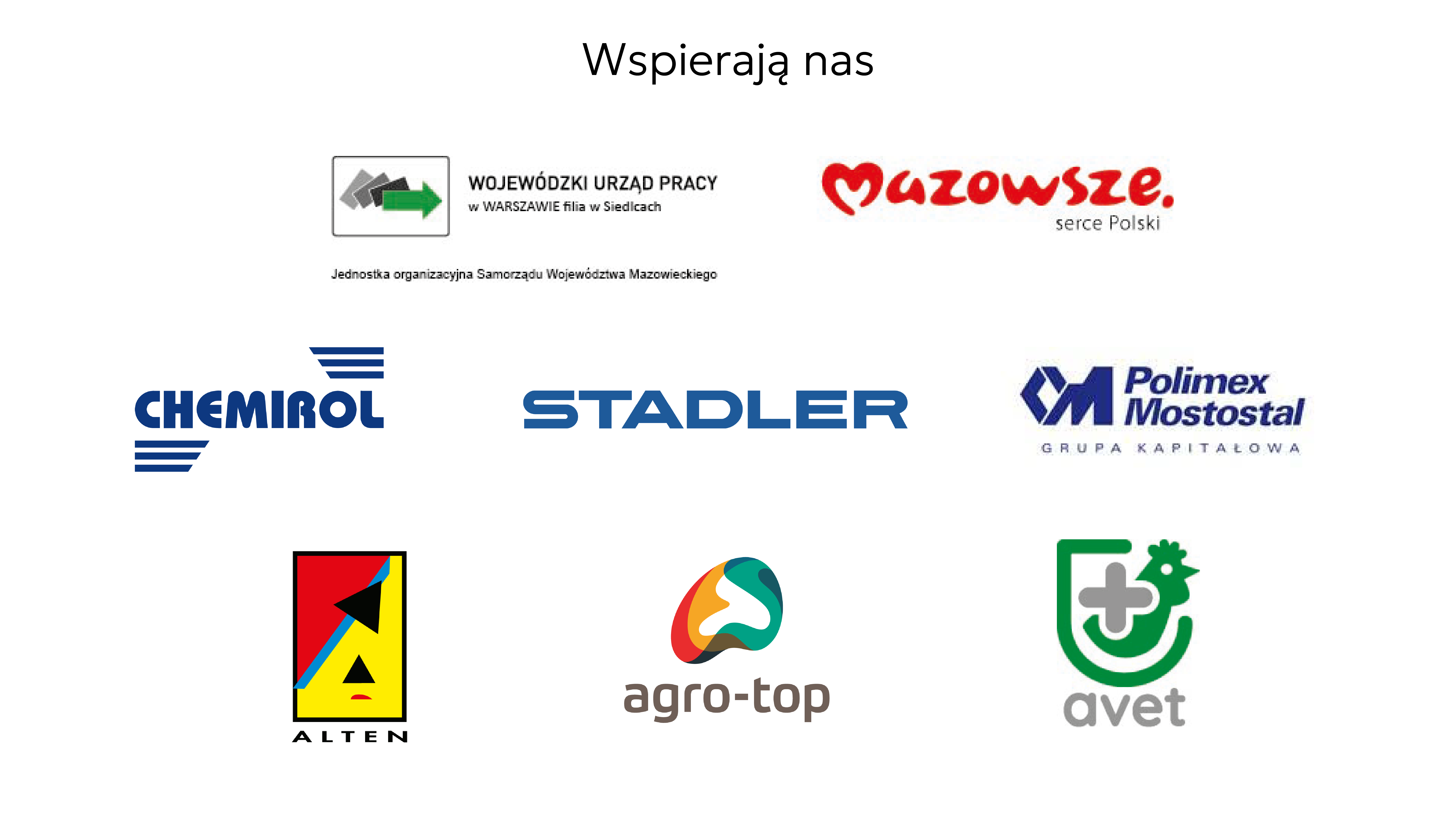 Plansza z napisem „Wspierają nas”. Poniżej znajdują się logotypy partnerów i sponsorów: Wojewódzki Urząd Pracy w Warszawie – filia w Siedlcach, Mazowsze – serce Polski, Chemirol, Stadler, Polimex Mostostal (Grupa Kapitałowa), Alten, Agro-Top oraz Avet.