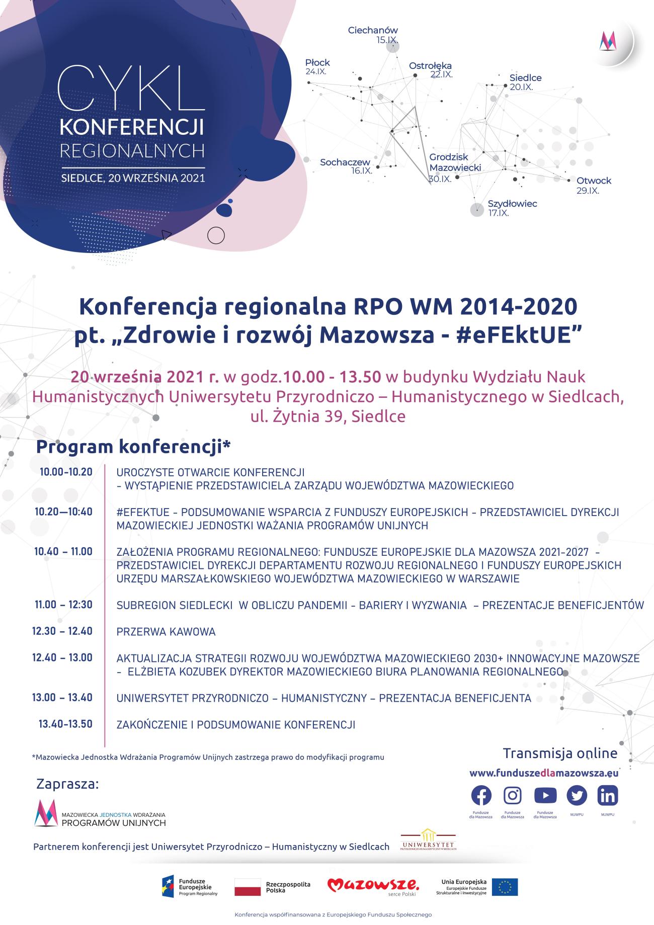 Konferencja regionalna RPO WM 2014-2020 pt. „Zdrowie i rozwój Mazowsza - #eFEktUE", 20 września 2021