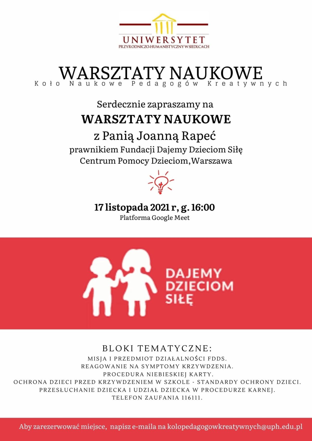 Studenckie Koło Naukowe Pedagogów Kreatywnych zaprasza na warsztaty naukowe, 17 listopada o godz. 16.00 na Platformie Google Meet.