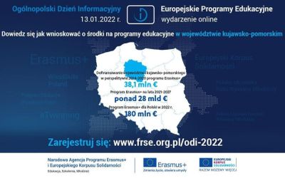 Zapraszamy wszystkich zainteresowanych poznaniem programu Erasmus+ oraz innych unijnych programów edukacyjnych na IX Ogólnopolski Dzień Informacyjny organizowany przez Narodową Agencję Programu Erasmus+ i Europejski Korpusu Solidarności dn. 13 stycznia 2022 w formule online. Więcej informacji na stronie organizatora: