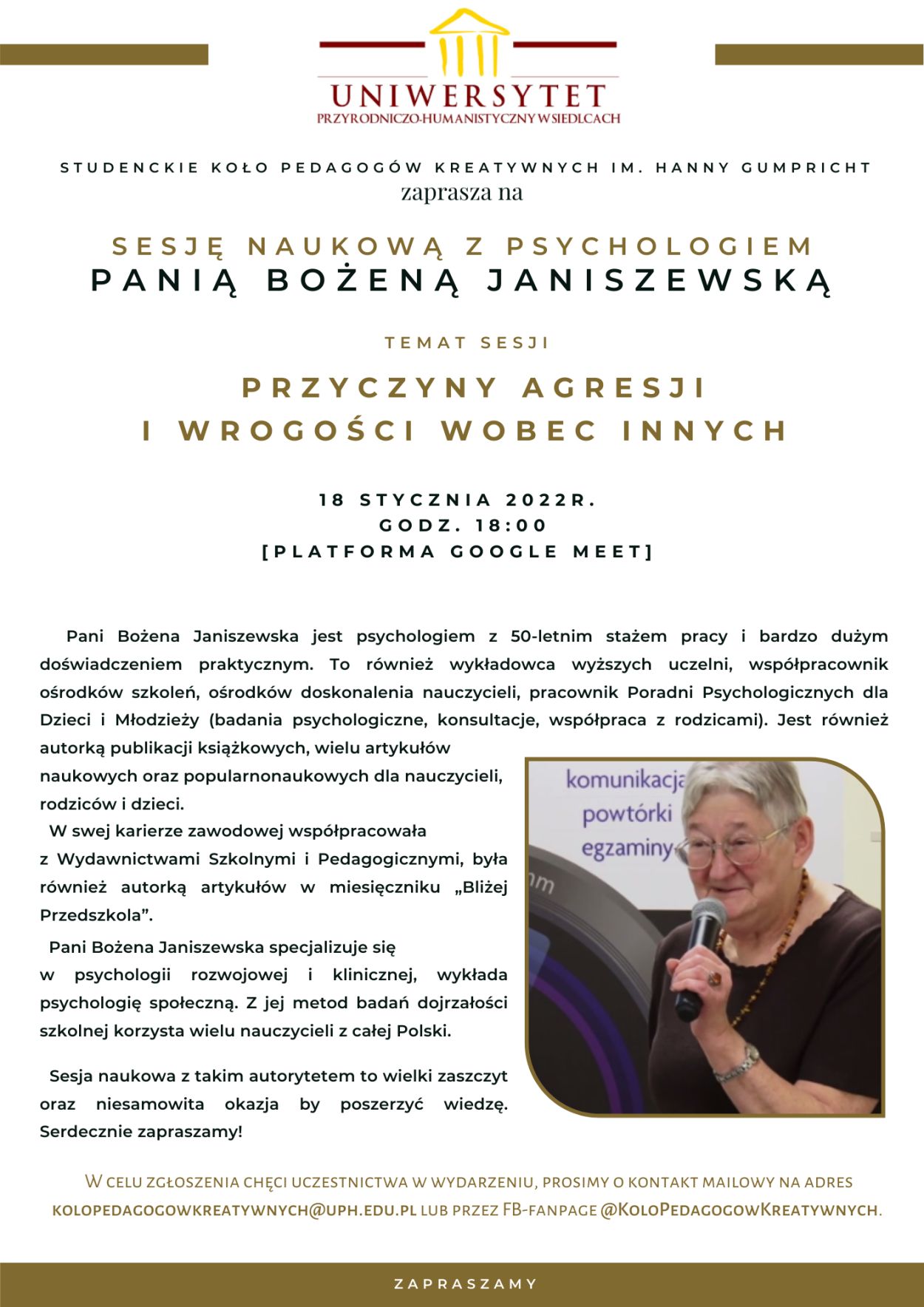 Studenckie Koło Naukowe Pedagogów Kreatywnych zaprasza na sesję naukową z psychologiem.  18 stycznia 2022, wtorek, godz. 18.00, Platforma Google Meet.