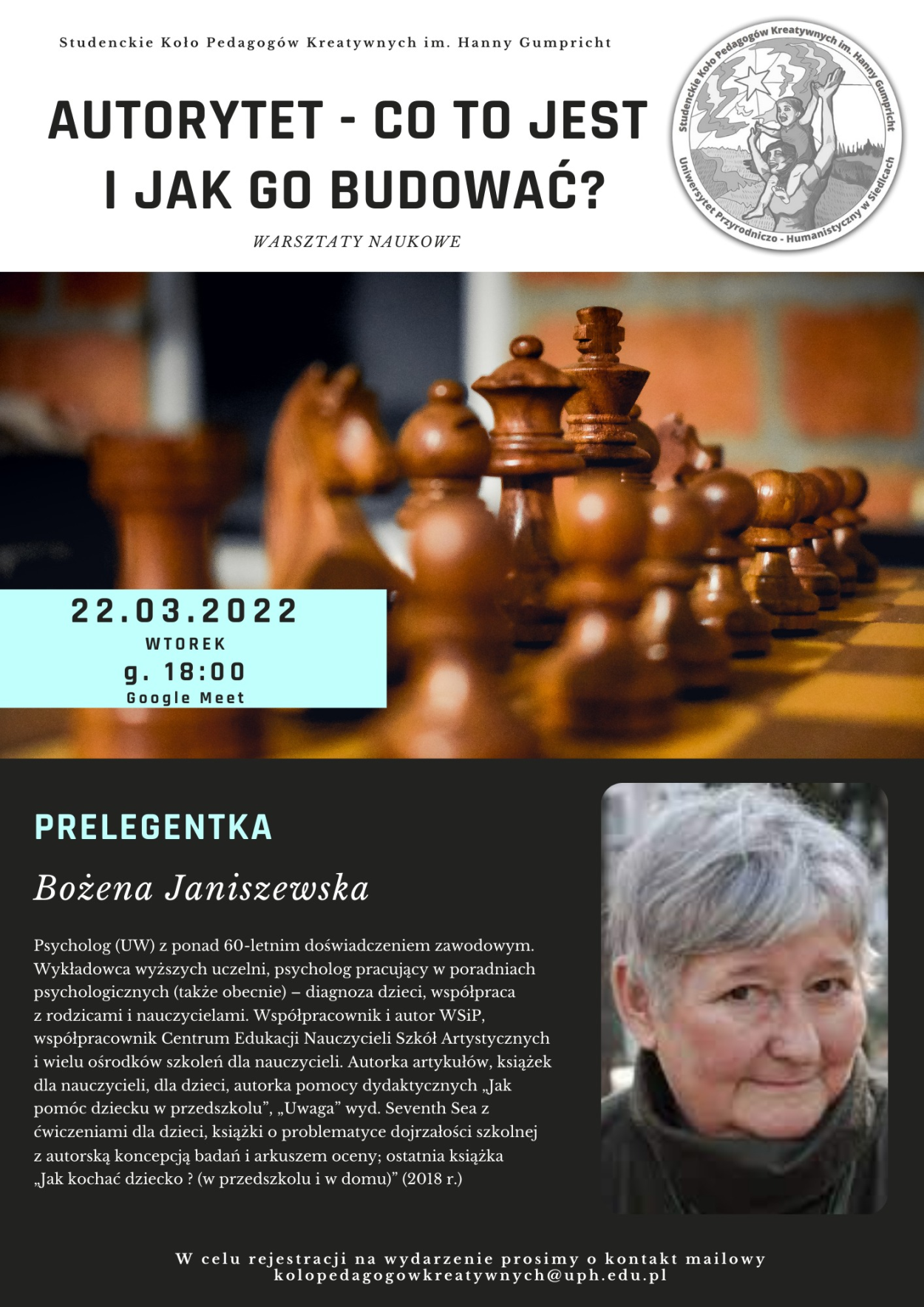 Studenckie Koło Naukowe Pedagogów Kreatywnych zaprasza na warsztaty naukowe "Autorytet - co to jest i jak go budować?". Warsztaty odbędą się online, dnia 8 marca 2022 r., o godz. 18.00.