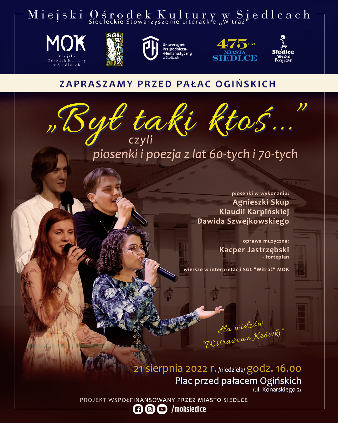 Zapraszamy na na imprezę poetycko-muzyczną, która odbędzie się 21 sierpnia br. o godz 16.00 przy Pałacu Ogińskich.