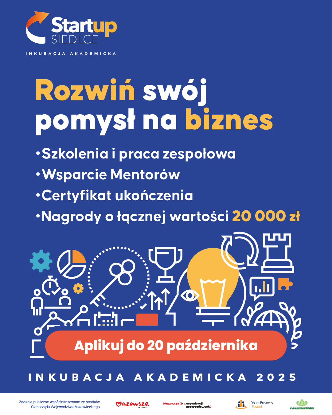 Grafika promująca program Startup Siedlce – Inkubacja Akademicka 2025. Na niebieskim tle znajduje się hasło: „Rozwiń swój pomysł na biznes”. Niżej widnieją punkty: Szkolenia i praca zespołowa, Wsparcie Mentorów, Certyfikat ukończenia, Nagrody o łącznej wartości 20 000 zł. Pod listą umieszczono pomarańczowy przycisk z napisem „Aplikuj do 20 października”. Wokół znajdują się ikony symbolizujące rozwój, naukę, analizę danych i innowacje (m.in. żarówka, wykresy, puchar, trybik, klucz). Na dole grafiki znajdują się logotypy: Mazowsze – serce Polski, Mazowsze dla organizacji pozarządowych, Youth Business Poland, oraz Wschodnia Izba Gospodarcza, a także informacja: „Zadanie publiczne współfinansowane ze środków Samorządu Województwa Mazowieckiego”.