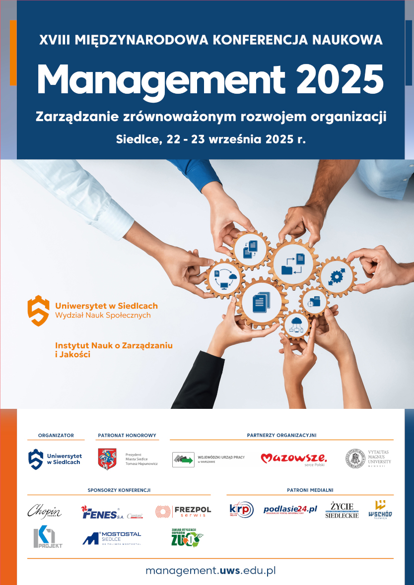 Plakat konferencji „Management 2025”, Siedlce 22–23.09.2025, z grafiką kół zębatych i informacjami organizacyjnymi.. Tekst z plakatu znajduje się pod zdjęciem.