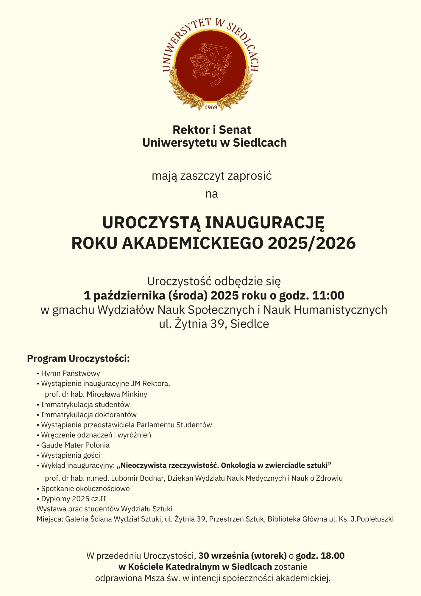 UwS Inauguracja Plakat - tekst z plakatu jest pod zdjęciem.